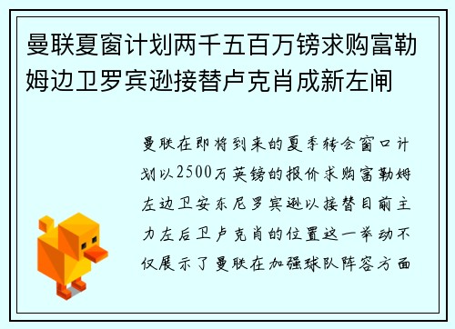 曼联夏窗计划两千五百万镑求购富勒姆边卫罗宾逊接替卢克肖成新左闸