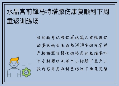 水晶宫前锋马特塔膝伤康复顺利下周重返训练场
